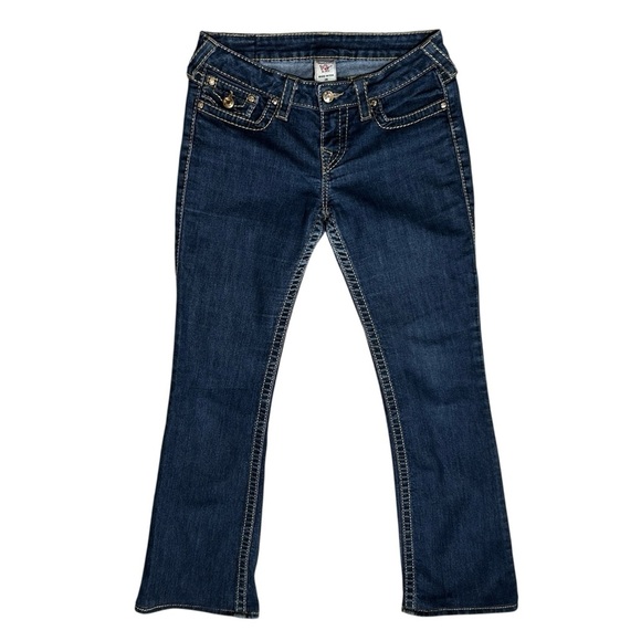 Vtg TRUE RELIGION World Tour BootCut Jeans sz 29 Flap Pocket Rhinestones Hemmed - Picture 1 of 13